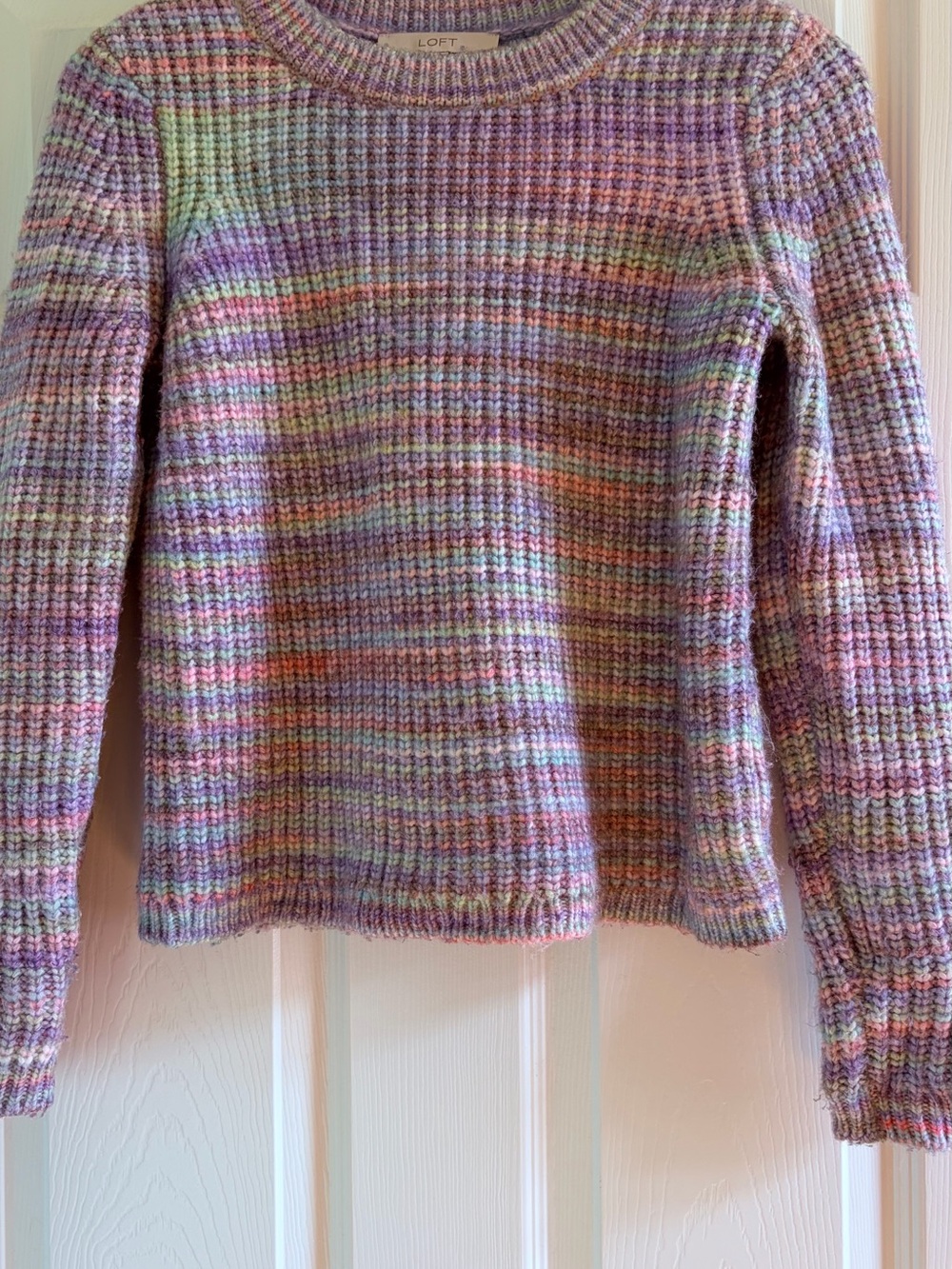 LOFT Pastel Multicolor Crewneck Sweater in Lavender, Pink, Blue & Cream